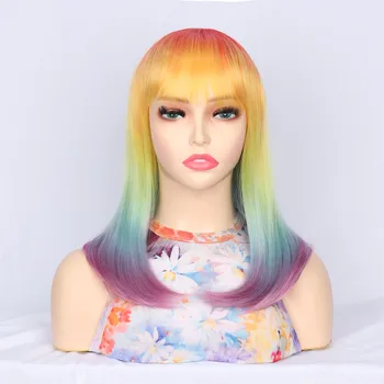 Long Cosplay Rainbow szintetikus haj parókák Egyenes haj többszínű divat paróka női légrojt légáteresztő teljes fejfedő