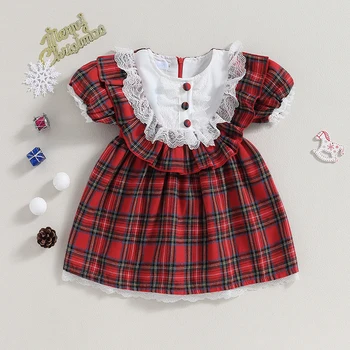 Karácsonyi piros kockás ruha Toddler Girls rövid ujjú gombos csipke díszítő hercegnő ruha