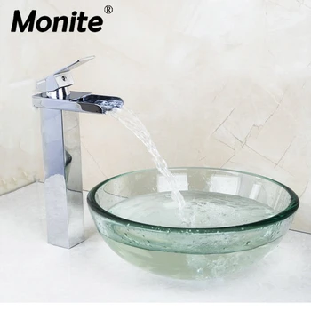 Monite átlátszó edzett üveg mosdó vízesés szennyezett sárgaréz fürdőszoba medence csaptelep Kombinált csaptelep
