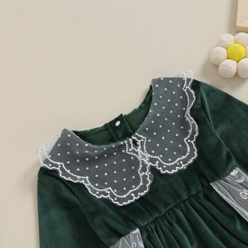 Újszülött kislány Chrismtas Romper ruha bársony hosszú ujjú baba gallér csipke patchwork bodyk őszi téli ruhák