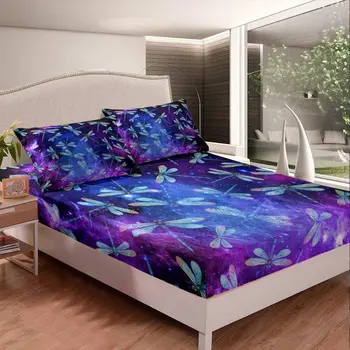 Szitakötővel felszerelt lepedő állatmintás ágynemű szett fiúknak, lányoknak, gyerekeknek lila kék galaxis ágynemű szett szoba dekoráció queen 3Pcs