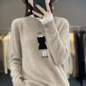 Őszi és téli új női 100% merinó pulóver O-nyakú kötött pulóver női párnázott hamis két alkalmi bő divatos felső