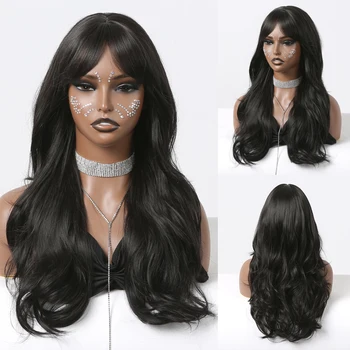 Fekete hosszú testhullámú paróka Szintetikus fekete haj parókák frufruval afro nők számára Természetes napi cosplay puha magas hőmérsékletű rost