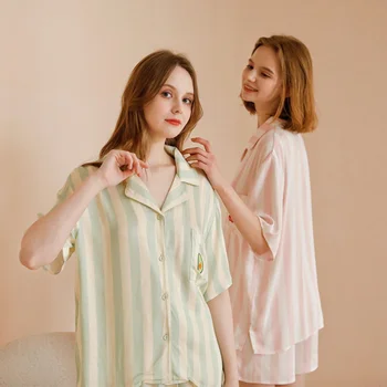 2023 nyara Női csíkos szatén loungewear - zsebhímzés hajtóka rövid ujjú rövidnadrág pizsama szett viszkóz hálóruha 2 részes