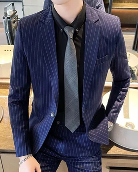 2 db készlet blézer dzseki nadrág 2022 divat férfi alkalmi butik üzlet csíkos vőlegény esküvői öltöny nadrág mellény B57