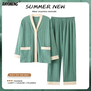 2023 Új őszi téli pizsama szett nőknek pamut nagy méretű pizsama mujer loungewear V nyak Japán kimonó stílusú tömör Pjs szett